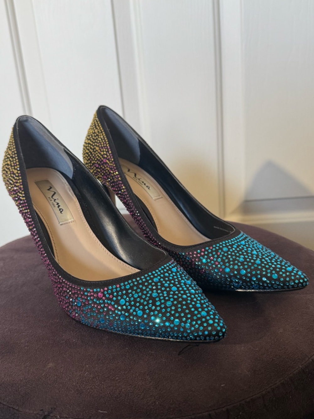 Nina Rhinestone Stiletto Heels - Pointed Toe Multicolor Party Pumps 8.5 - Picture 9 of 12
